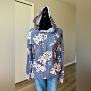 Floral Hooded Sweatshirt - Heather Gray with Pink Blooms